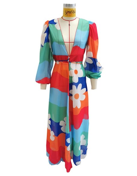 Long Sleeves Bandage Floral Printed Multi-Colored Cover-Ups Swimwear