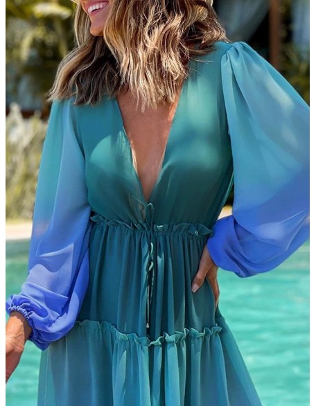 Bandage Color-Block Long Sleeves Loose Deep V-Neck Cover-Ups Swimwear