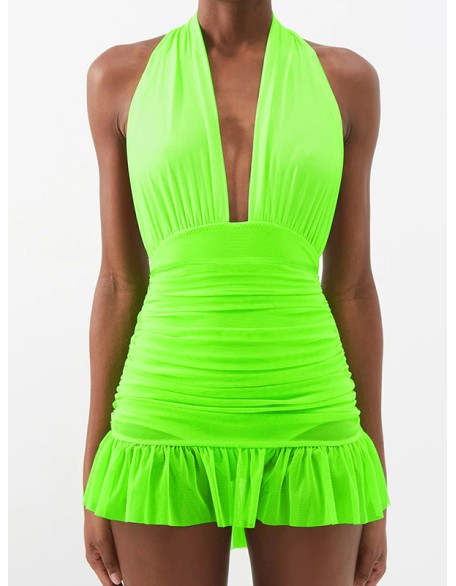 Backless Bandage Hollow Halter-Neck One-Piece Swimwear&Cover-Ups Skirts