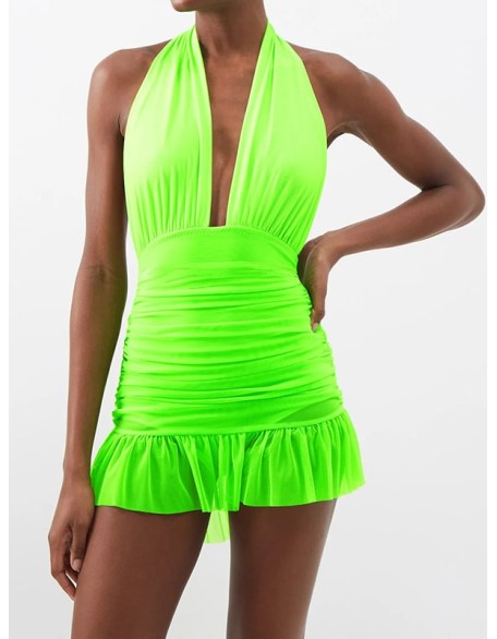 Backless Bandage Hollow Halter-Neck One-Piece Swimwear&Cover-Ups Skirts