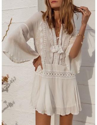 Chiffon Wrinkled Lace Trumpet Sleeve Bikini Cover-Ups