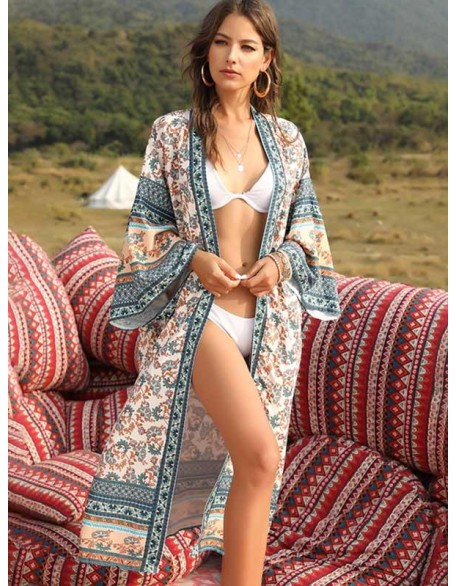 Sun-Protected Printed Beach Long Cover-Ups