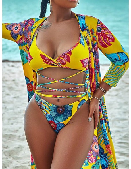 Sexy Floral-Print Split Bikini Swimsuit+Long Sleeve Cover-Ups Three-Piece Set