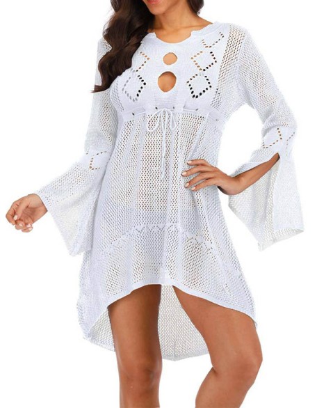 Solid Color Crochetgo Hollow Falbala Split-Joint Bohemia Mini Dress