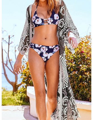 Half-Sleeve Embroidered See-Through Cardigan Cover-Up Swimwear