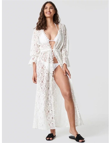 Long Sleeve Lace Split-Joint Lace-Up Vacation Cover-Up Swimwear