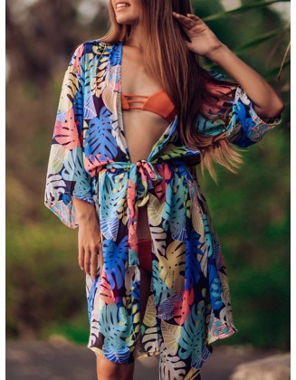 Half-Sleeve Floral Chiffon Cardigan Sash Cover-Up Swimwear