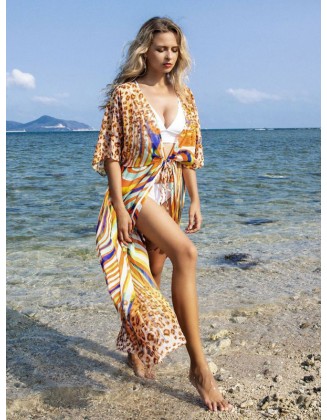 Chiffon Short Sleeve V-Neck Drawstring Cover-Up Swimwear