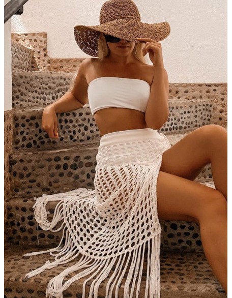 Knitted Hollow See-Through Split-Side Tasseled Cover-Up Swimwear