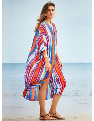 Striped Loose Pocket Cardigan Vacation Beach Cover-Up Swimwear