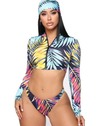 Leaf Print Long Sleeve Zipper Hipster With Turban Wetsuit Swimwear