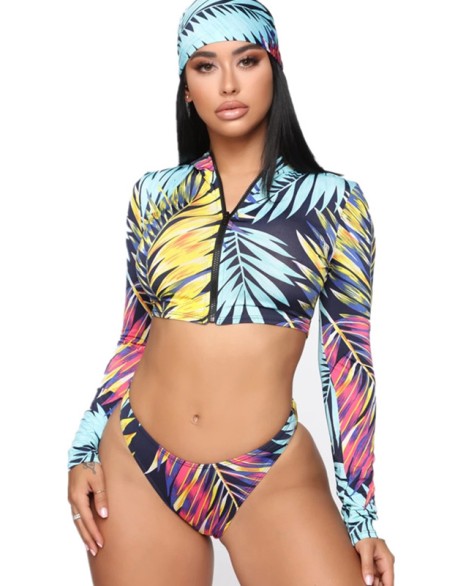 Leaf Print Long Sleeve Zipper Hipster With Turban Wetsuit Swimwear