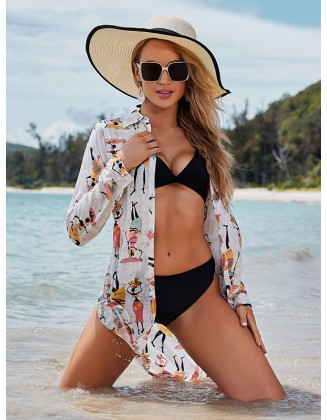 Cartoon Girl Print Long Sleeve Shirt-Style Beach Cover-Up Swimwear