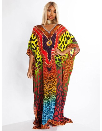 Colorful Leopard Print Loose Split-Side Beach Cover-Up Swimwear