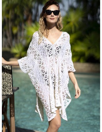 V-Neck Crochetgo Sexy Hollow Vacation Cover-Up Swimwear