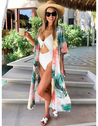 Colorful Leaf Printing Cardigan Loose Vacation Beach Cover-Up Swimwear