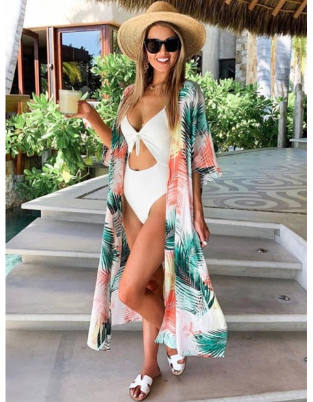 Colorful Leaf Printing Cardigan Loose Vacation Beach Cover-Up Swimwear