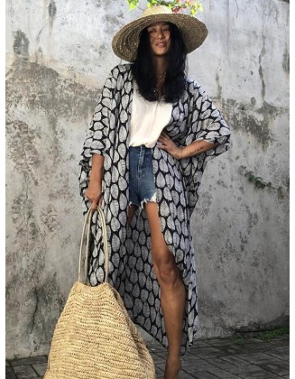 Leaves Printed Cardigan Half-Sleeves Cover-Up Swimwear