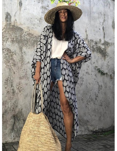 Leaves Printed Cardigan Half-Sleeves Cover-Up Swimwear