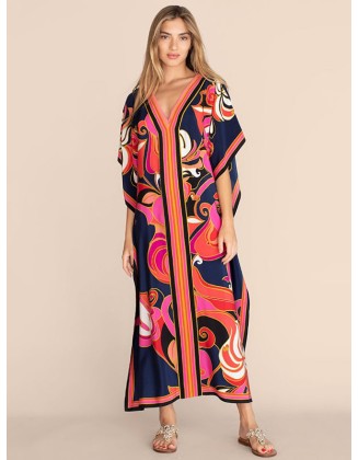 Short Sleeve Floral V-Neck Long Gown Cover-Up Swimwear