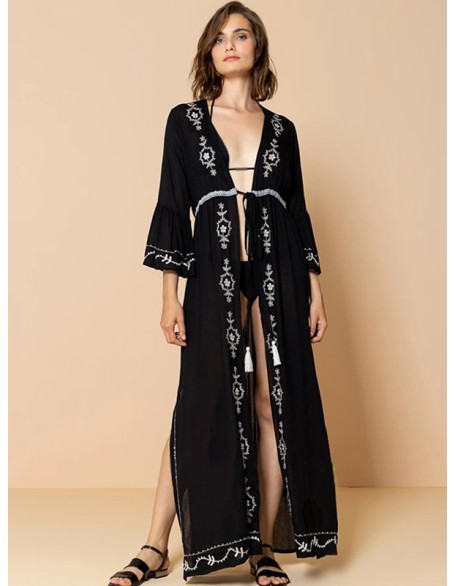 Embroidered And Lace-Up Long Sleeves Cover-Ups Tops