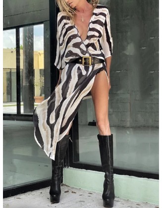 Sexy Zebra Pattern  Half Sleeve Wide Belt Cover-Ups Tops