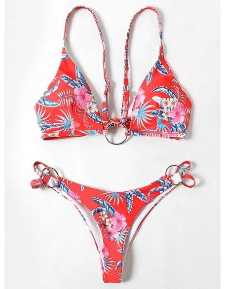 Three-Piece Floral Print Bandage Tie Side Bikini Swimwear