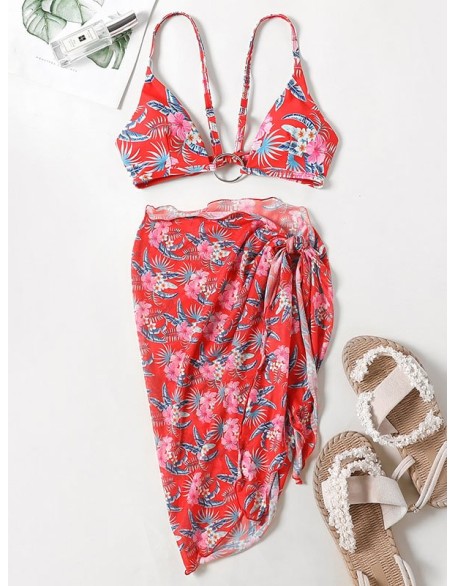 Three-Piece Floral Print Bandage Tie Side Bikini Swimwear