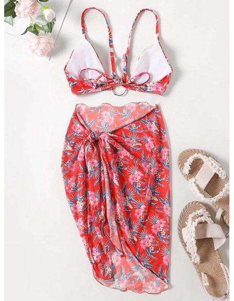 Three-Piece Floral Print Bandage Tie Side Bikini Swimwear