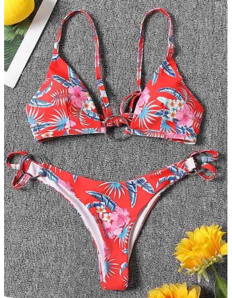 Three-Piece Floral Print Bandage Tie Side Bikini Swimwear