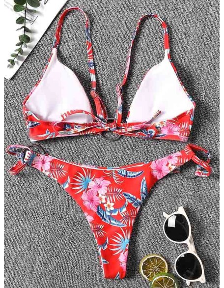 Three-Piece Floral Print Bandage Tie Side Bikini Swimwear