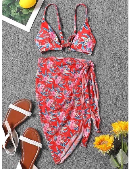 Three-Piece Floral Print Bandage Tie Side Bikini Swimwear