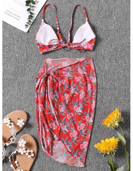 Three-Piece Floral Print Bandage Tie Side Bikini Swimwear