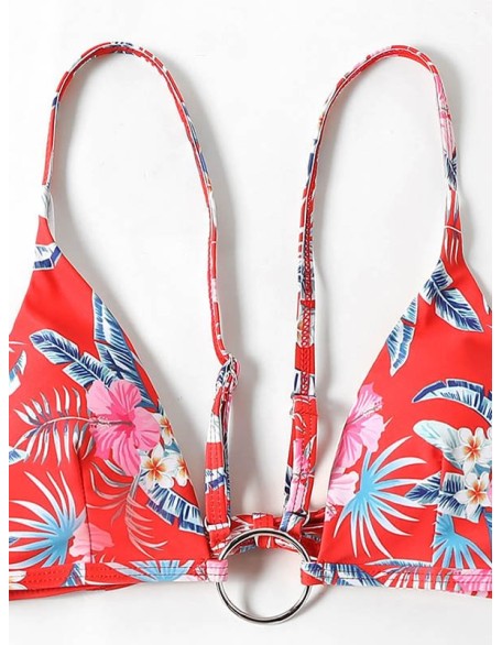 Three-Piece Floral Print Bandage Tie Side Bikini Swimwear