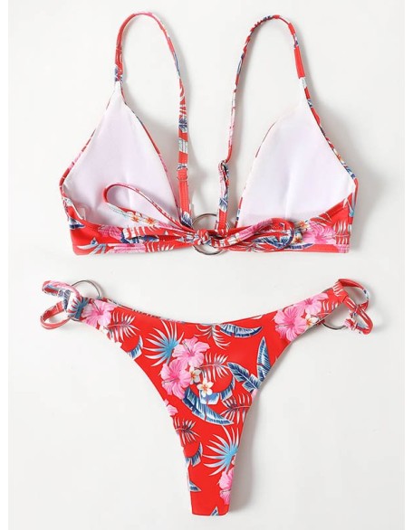 Three-Piece Floral Print Bandage Tie Side Bikini Swimwear