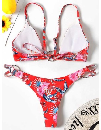 Three-Piece Floral Print Bandage Tie Side Bikini Swimwear