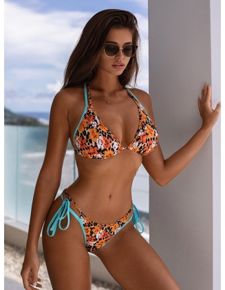 Vacation Tie Side Printed Halter-Neck Bikini Swimsuit