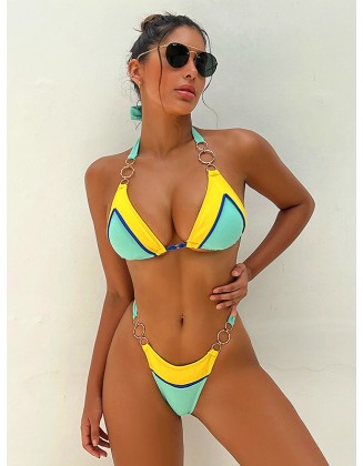 Bandage Color-Block Padded Halter-Neck Bikini Swimsuit