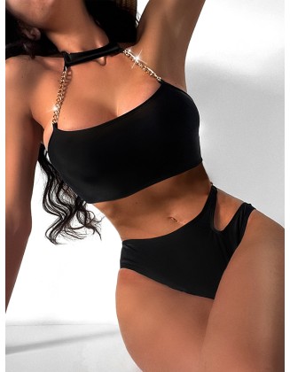 Bandage Belly-Hollow Solid Color Padded Halter-Neck Bikini Swimsuit