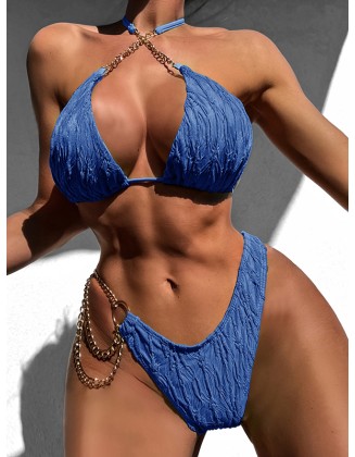 Bandage Belly-Hollow Jacquard Solid Color Padded Halter-Neck Bikini Swimsuit