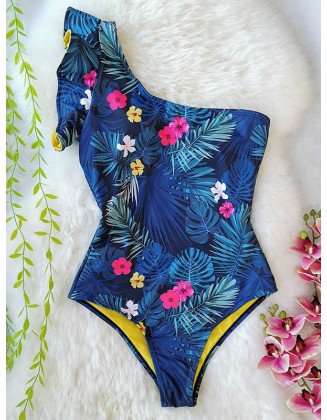 Floral One-Shoulder Falbala Tight One-Piece Swimwear