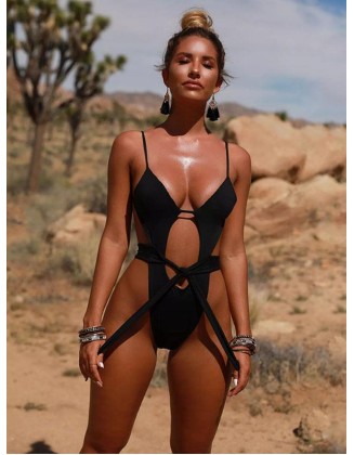 Hollow Sexy Bandage Solid One-Piece Swimwear