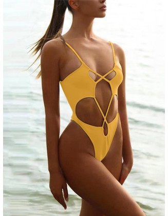 Backless Bandage Belly-Hollow Solid Color Padded Spaghetti-Neck One-Piece Swimwear