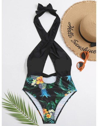 Floral-Print Split-Joint Backless Halterneck One-Piece Swimwear