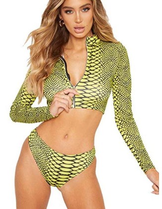 Sexy U Collar Zipper Snake Pattern Long Sleeves Bikini Swimsuit