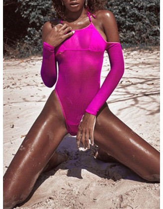 Solid Color See-Through Gauze Wetsuits+Triangles Swim Top