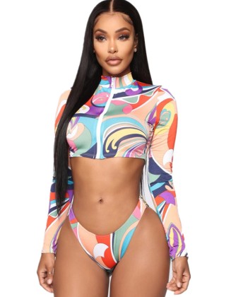 Geometric Print Long Sleeve Zipper Hipster Rash Guard Swimwear