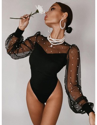 Sexy Beaded Decorated Split-Joint Mesh Long Sleeve One-Piece Wetsuit Swimwear