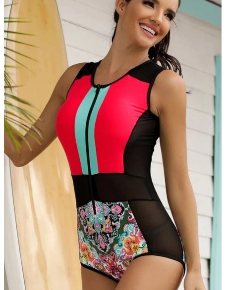 Printed Zipper Sleeveless Contrast Color Swimsuits