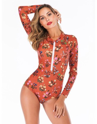 Floral Printed Zipper Collar Wetsuit